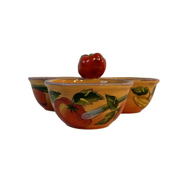 Clay Art TriBowl Tomato Topper Condiment Holder Handpaint Fruit & Veggie Design - Picture 2 of 9